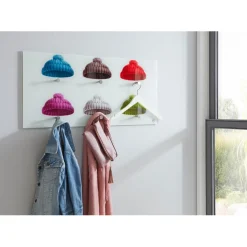 Portant à vetement mural en verre trempé avec motifs bonnets imprimés et 6 crochets optique inox