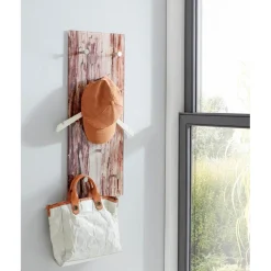 Portant à vetement mural en verre trempé avec motif écorce imprimé et 6 crochets en optique inox