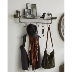 Portant mural en métal avec 5 crochets et rangement supplémentaire anthracite