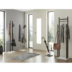 Porte manteau avec crochets chromé, porte parapluie et égouttoir chromé en tube d'Acier époxy Noir et pied en métal laqué blanc
