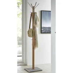Porte manteau en Bois massif Chêne avec crochets et pied en Métal couleur Alu
