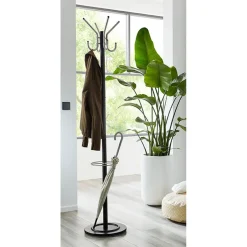 Porte manteau noir avec crochets et porte parapluie en laqué alu