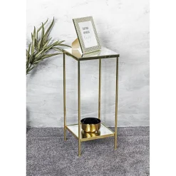 Porte plante en acier laitonné et étagères verre miroir