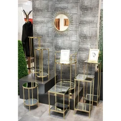 Porte plante en acier laitonné et étagères verre miroir