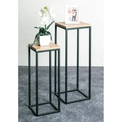 Porte plante en métal noir et plateau décor chêne