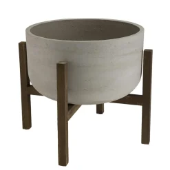 Pot de fleur rond en béton sur pieds en acacia marron HECTOR