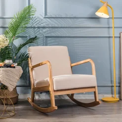 Rocking chair en bois massif et en tissu de couleur beige