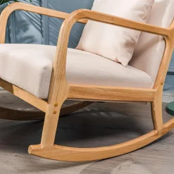 Rocking chair en bois massif et en tissu de couleur beige