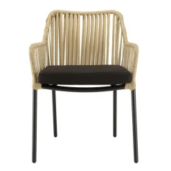 Salon de jardin 2 personnes Table ronde 70x70cm et 2 fauteuils beiges et noirs en cordage