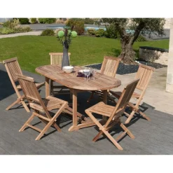 SALON DE JARDIN EN BOIS TECK 6/8 pers : Ensemble de jardin : 1 table ovale extensible 150*200/90cm et 6 chaises