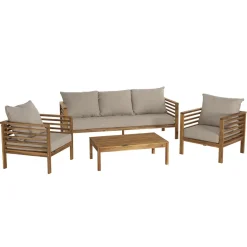 SALON DE JARDIN EN BOIS ACACIA 5 pers. - 1 Canapé 3 places, 2 fauteuils et 1 table basse rectangulaire 100 x 60 cm