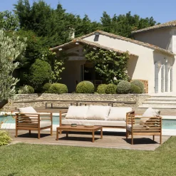 SALON DE JARDIN EN BOIS ACACIA 5 pers. - 1 Canapé 3 places, 2 fauteuils et 1 table basse rectangulaire 100 x 60 cm