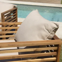 SALON DE JARDIN EN BOIS ACACIA 5 pers. - 1 Canapé 3 places, 2 fauteuils et 1 table basse rectangulaire 100 x 60 cm