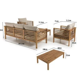 SALON DE JARDIN EN BOIS ACACIA 5 pers. - 1 Canapé 3 places, 2 fauteuils et 1 table basse rectangulaire 100 x 60 cm