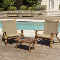 SALON DE JARDIN EN BOIS ACACIA 2 pers - 2 fauteuils et 1 table basse 63,5 x 36 cm