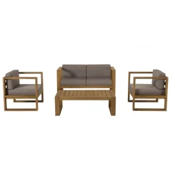 SALON DE JARDIN EN BOIS TECK : 1 Canapé 2 places, 2 fauteuils avec coussins waterproof et une table basse 110x60 cm