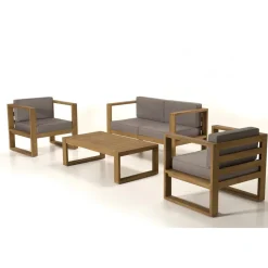 SALON DE JARDIN EN BOIS TECK : 1 Canapé 2 places, 2 fauteuils avec coussins waterproof et une table basse 110x60 cm