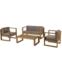 SALON DE JARDIN EN BOIS TECK : 1 Canapé 2 places, 2 fauteuils avec coussins waterproof et une table basse 110x60 cm