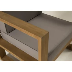 SALON DE JARDIN EN BOIS TECK : 1 Canapé 2 places, 2 fauteuils avec coussins waterproof et une table basse 110x60 cm