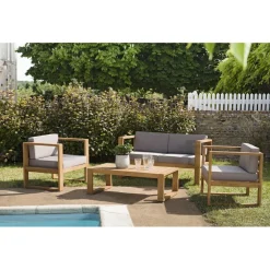 SALON DE JARDIN EN BOIS TECK : 1 Canapé 2 places, 2 fauteuils avec coussins waterproof et une table basse 110x60 cm