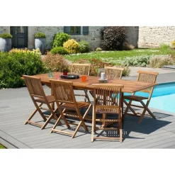 SALON DE JARDIN EN BOIS TECK HUILE 8/10 pers : Ensemble de jardin - 1 Table rectangulaire extensible 180*240/100 cm et 6 chaises