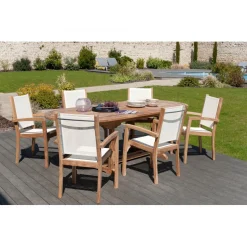SALON DE JARDIN EN BOIS TECK 8/10 pers : Ensemble de jardin - 1 Table ovale extensible 180*240/100cm et 6 fauteuils textilène