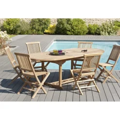 SALON DE JARDIN EN BOIS TECK 8/10 pers : Ensemble de jardin: 1 Table ovale extensible 180*240/100 cm et 6 chaises