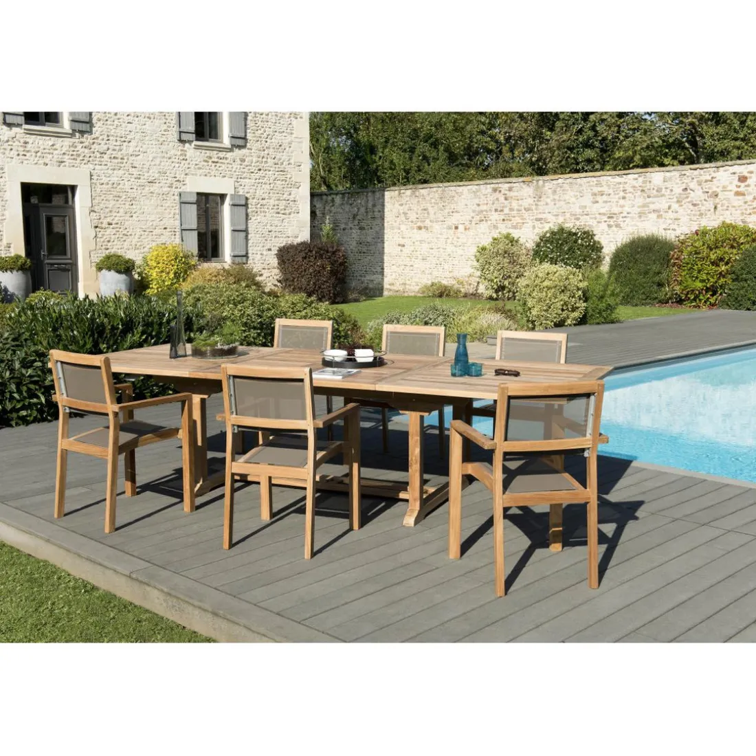 SALON DE JARDIN EN BOIS TECK 10/12 pers - Ensemble de jardin - 1 Table rectangulaire extensible 200/300*120 cm 6 fauteuils empilables textilène taupe