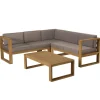 SALON DE JARDIN EN BOIS TECK : 1 Canapé d'angle 5 places avec coussin waterproof et une table basse 110x60 cm