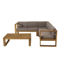 SALON DE JARDIN EN BOIS TECK : 1 Canapé d'angle 5 places avec coussin waterproof et une table basse 110x60 cm