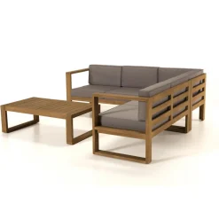 SALON DE JARDIN EN BOIS TECK : 1 Canapé d'angle 5 places avec coussin waterproof et une table basse 110x60 cm