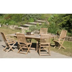 SALON DE JARDIN EN BOIS TECK 8/10 pers - Ensemble de jardin - 1 Table rectangulaire extensible 180*240/100 cm 4 chaises et 2 fauteuils