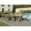 SALON DE JARDIN EN BOIS TECK 10/12 pers - Ensemble de jardin - 1 Table rectangulaire extensible 200*300/120 cm - 6 chaises et 2 fauteuils textilène couleur taupe