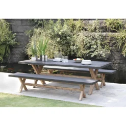 SALON DE JARDIN EN FIBRE DE BETON ET ACACIA 8 pers - Ensemble jardin - 1 Table rectangulaire 200*100 cm et 2 bancs