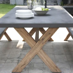 SALON DE JARDIN EN FIBRE DE BETON ET ACACIA 8 pers - Ensemble jardin - 1 Table rectangulaire 200*100 cm et 2 bancs