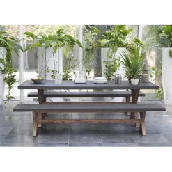 SALON DE JARDIN EN FIBRE DE BETON ET ACACIA 8 pers - Ensemble jardin - 1 Table rectangulaire 200*100 cm et 2 bancs