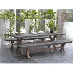 SALON DE JARDIN EN FIBRE DE BETON ET ACACIA 8 pers - Ensemble jardin - 1 Table rectangulaire 200*100 cm et 2 bancs