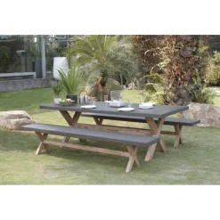 SALON DE JARDIN EN FIBRE DE BETON ET ACACIA 8 pers - Ensemble jardin - 1 Table rectangulaire 200*100 cm et 2 bancs