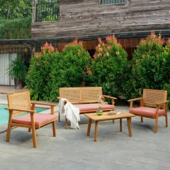 Salon de jardin en rotin et bois massif avec tissu rose TEMUCO style scandinave