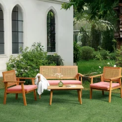 Salon de jardin en rotin et bois massif avec tissu rose TEMUCO style scandinave