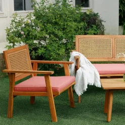 Salon de jardin en rotin et bois massif avec tissu rose TEMUCO style scandinave