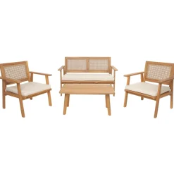 Salon de jardin en rotin et bois massif avec tissu beige TEMUCO style scandinave