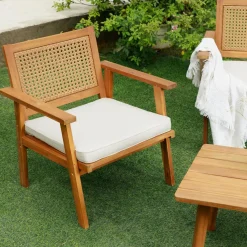 Salon de jardin en rotin et bois massif avec tissu beige TEMUCO style scandinave