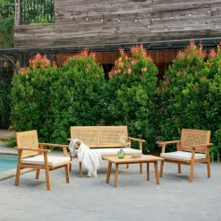 Salon de jardin en rotin et bois massif avec tissu beige TEMUCO style scandinave