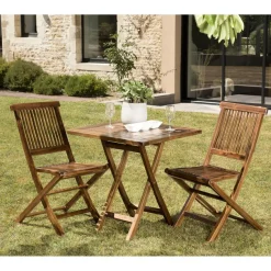 Salon de jardin HANNA en bois teck huilé 2 personnes - ensemble de jardin : 1 table carrée pliante 70 x 70 cm et 2 chaises