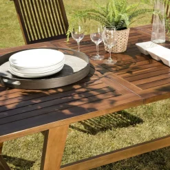 Salon de jardin HANNA en bois teck huilé 8/10 personnes - ensemble de jardin : 1 table rectangulaire scandi extensible 180/240*100 cm et 6 chaises.