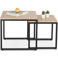 Set de 2 tables gigognes emboîtables style industriel 'MOMA' en bois finition naturelle et métal noir