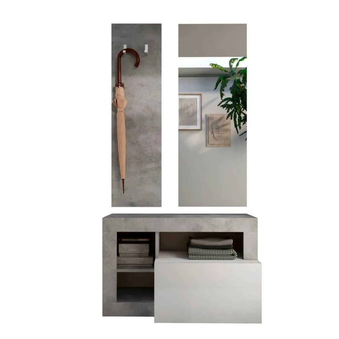 Set de Meuble d'entrée Ancona coloris effet béton avec tiroir Laqué Blanc L91 cm
