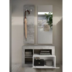 Set de Meuble d'entrée Ancona coloris effet béton avec tiroir Laqué Blanc L91 cm