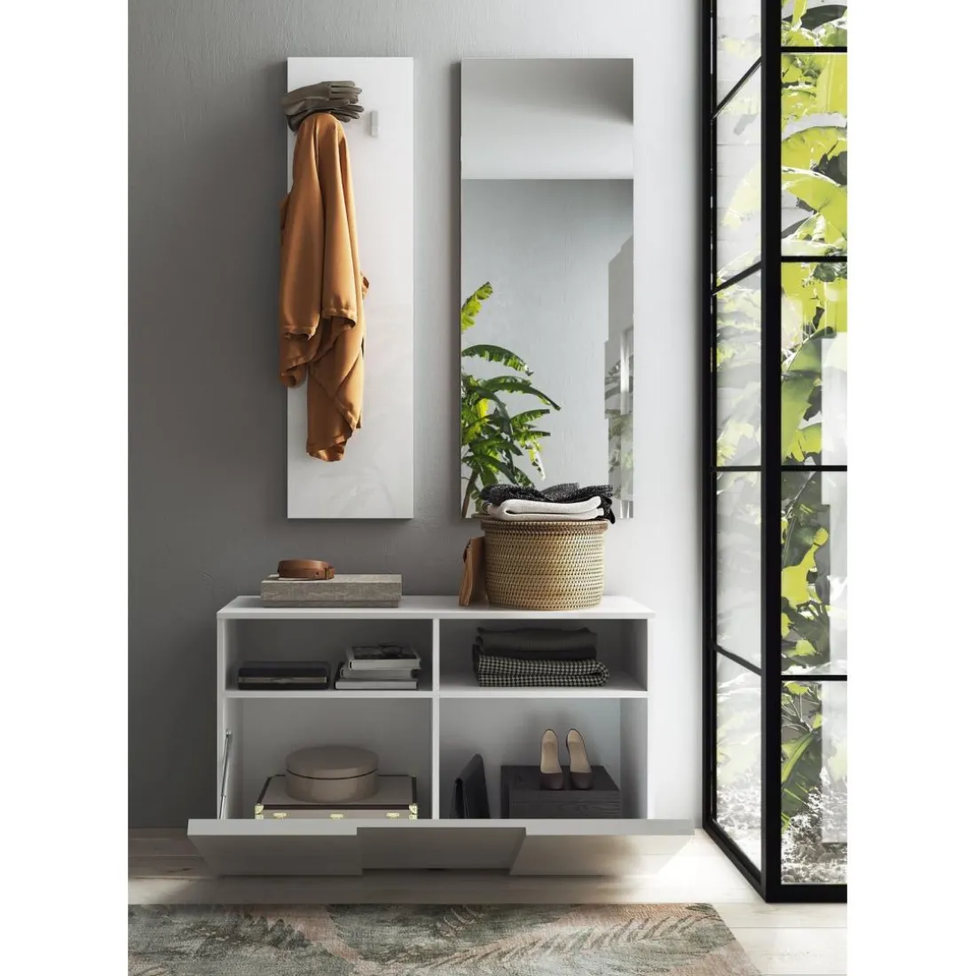 Set de Meuble d'entrée Damano 3 pieces Meuble a chaussure Miroir Porte manteau L91 cm